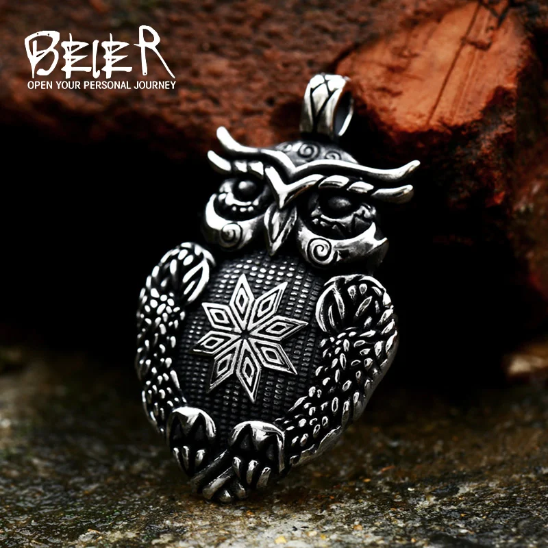 Beier Collana In Acciaio Inossidabile 316L Ciondolo Rune Gufo Nordic Vikings Rune Ciondolo Amuleto Catena Talismano Nordica Bp8-997
