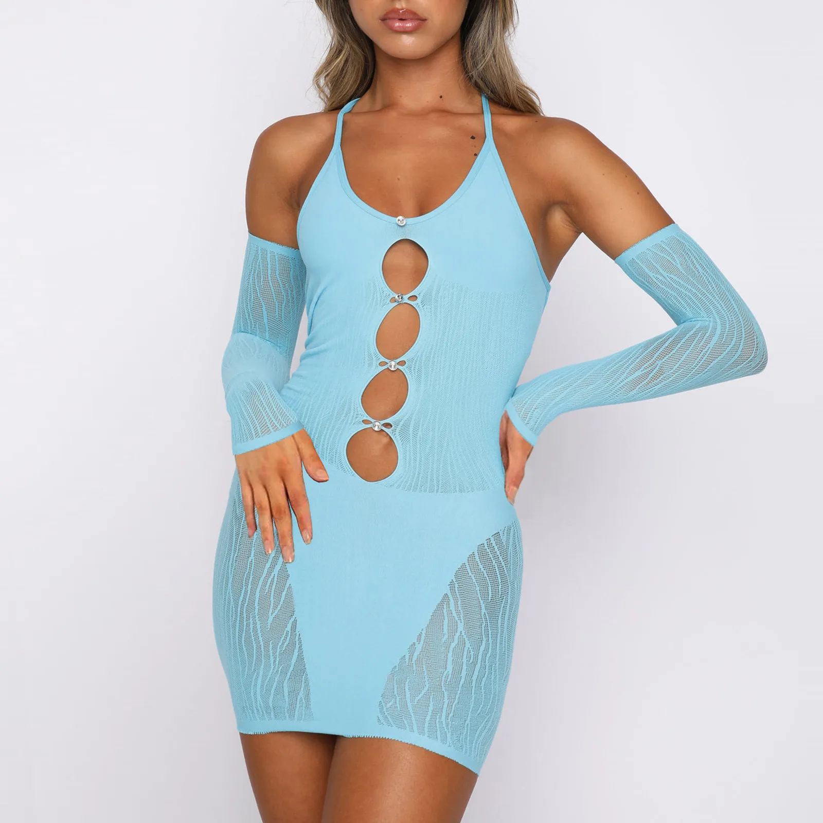 Summer Sexy Cut Out Halter Bodycon Mini Dress Women See Through Panty-Shape Patchwork Hollow Party Club Y2K Mesh Skinny Clubwear