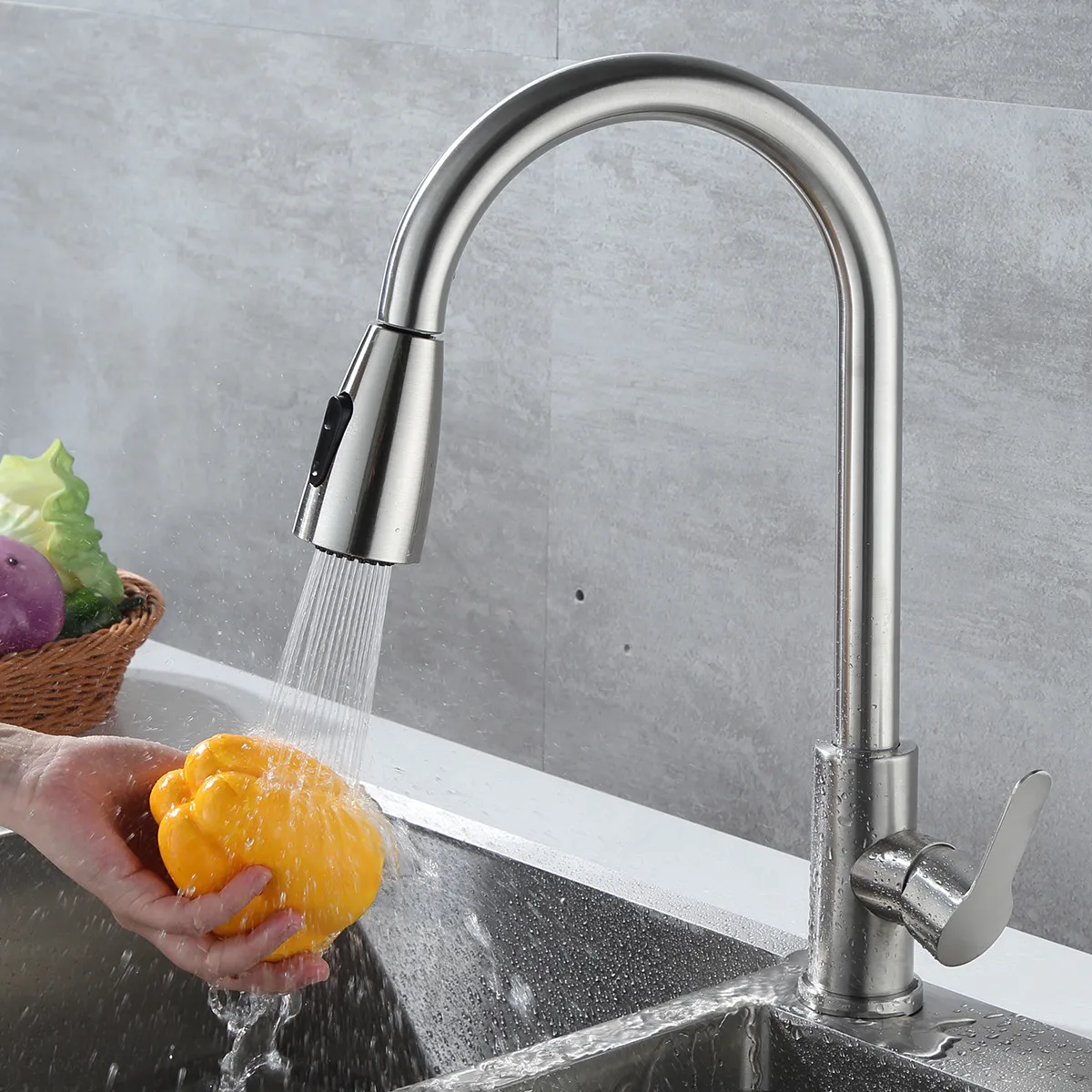 Stainless Steel Kitchen Faucet  Faucets Hot Cold Water Mixer Tap 2 Function Stream Sprayer Single Handle Pull Out Kitchen Taps