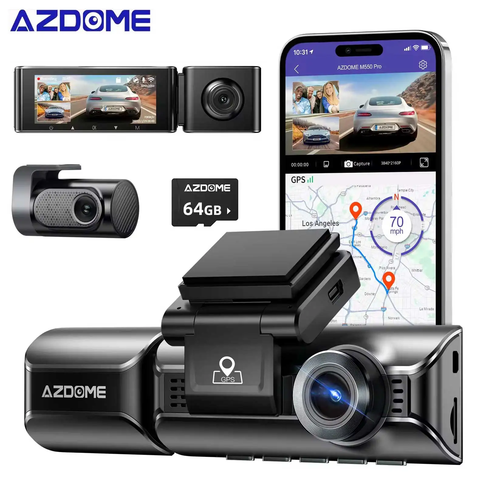 Aggiornamento Azdome Car Dvr M550 Pro 4K Dash Cam 3 Telecamere (64G Tf Gratuito) Anteriore/Cabina/Posteriore Cam Gps Wifi Visione Notturna Monitor Di 