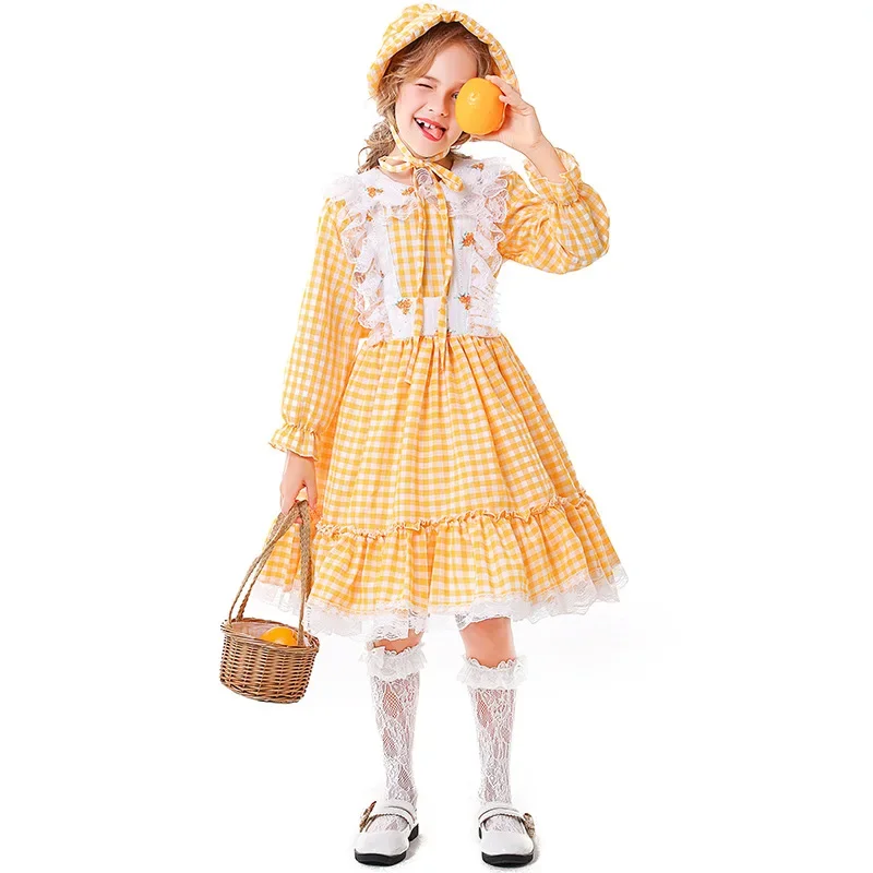 Yellow Check Floral Coloniali Girl Costume Prairie Pilgrim Farm Costume