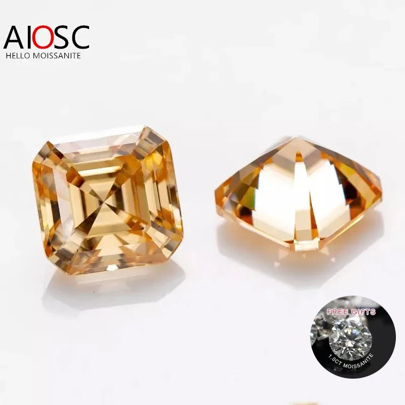 Aiosc Asscher Cut Loose Moissanite Stone 0.5 ~ 7.0Ct Champagne Color Lab Gemme Sciolte Pass Diamond Tester Con Certificato Di Gioielli