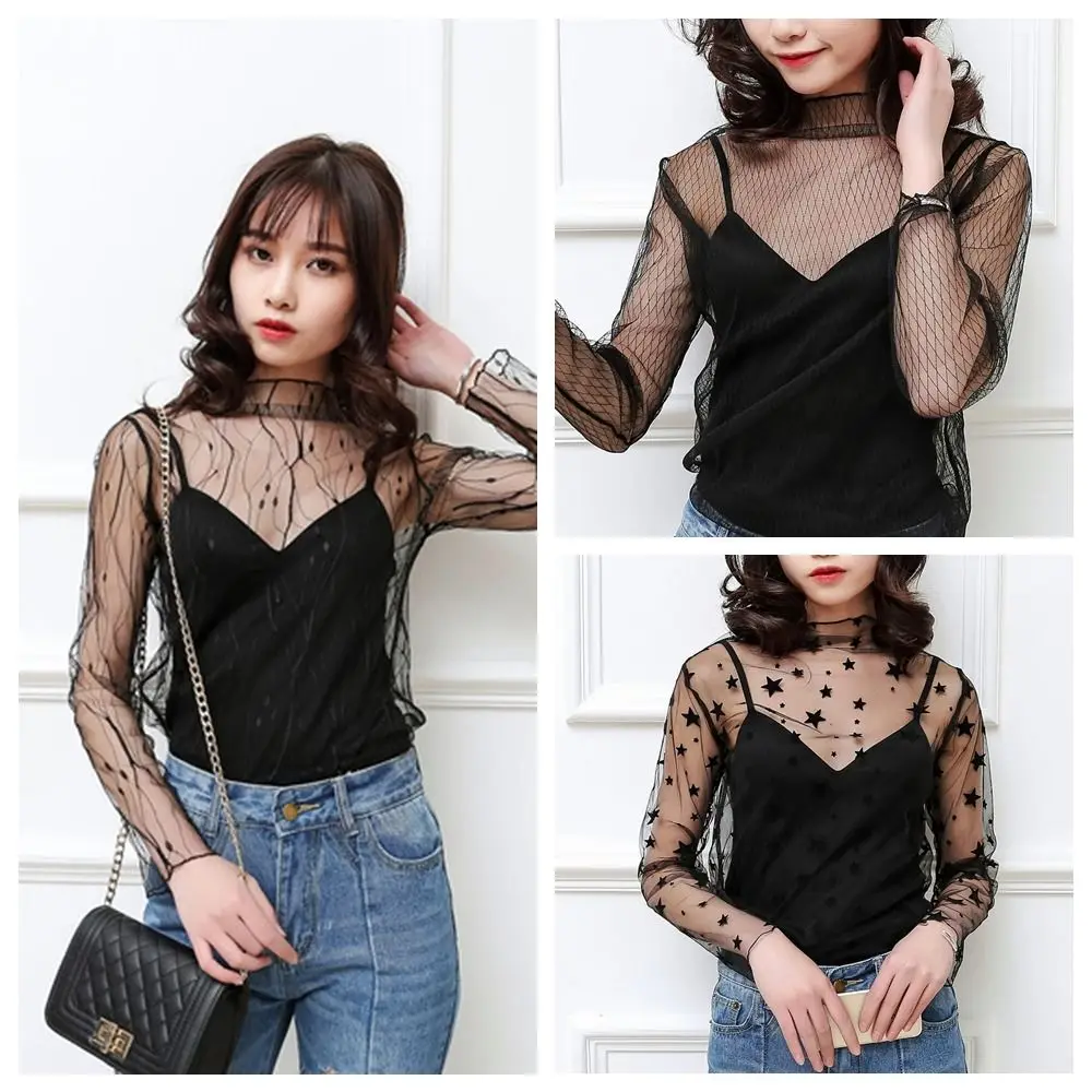 T-Shirt Nera Top New See-Through Mesh See Through Camicetta Top Da Donna A Maniche Lunghe