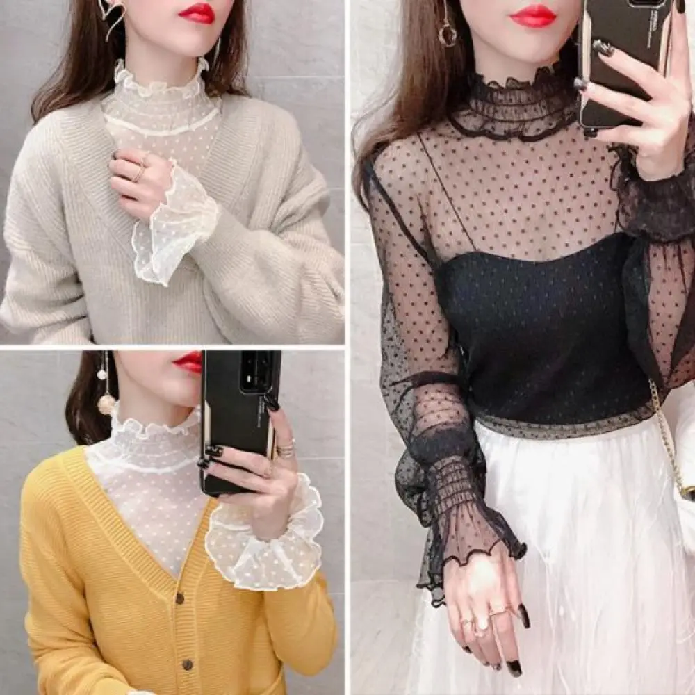 T-Shirt In Rete Top New High Collar Manica Lunga See Through Camicetta See-Through Ladies Tops