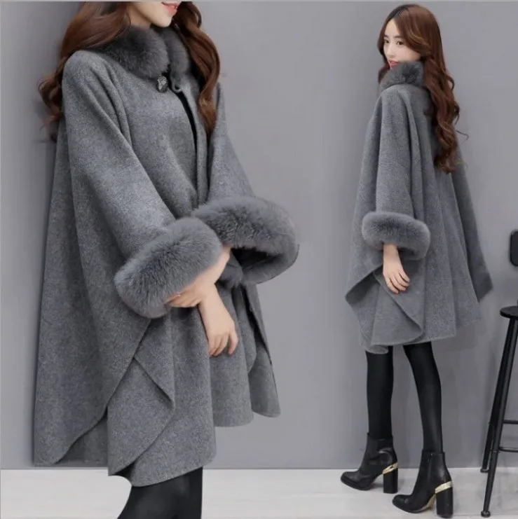 Cappotti Invernali Da Donna Eleganti Giacca A Mantella Con Maniche Morbide A Pipistrello Cappotto Di Lana Da Donna Mantella Collo Di Pelliccia Di Volp