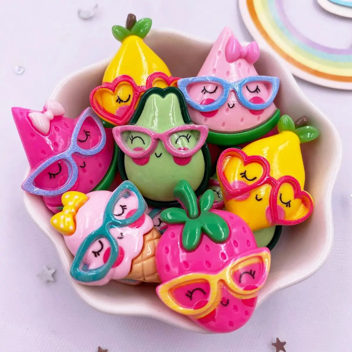 Resina Kawaii Colorful Cool Glasses Cartoon Fruit Ice Cream Avocado Anguria Flatback Figurine Fai Da Te 10 Pezzi Scrapbook Decor Crafts