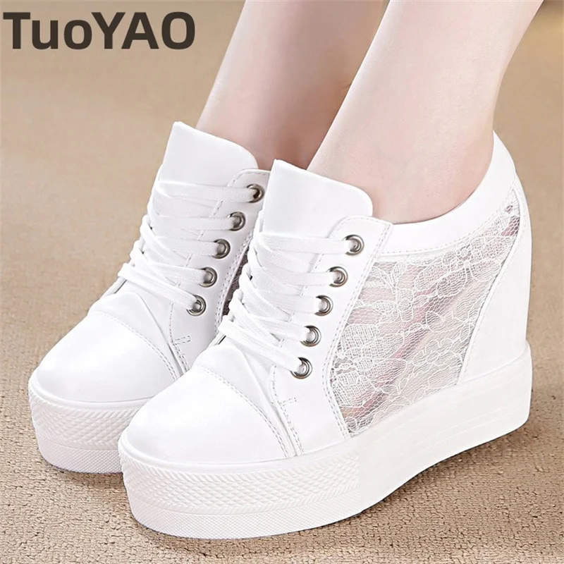 11Cm New Air Mesh Cow Leather Platform Wedge High Brand Pumps Summer Fashion Chunky Sneaker Casual Hollow Comfort Shoes