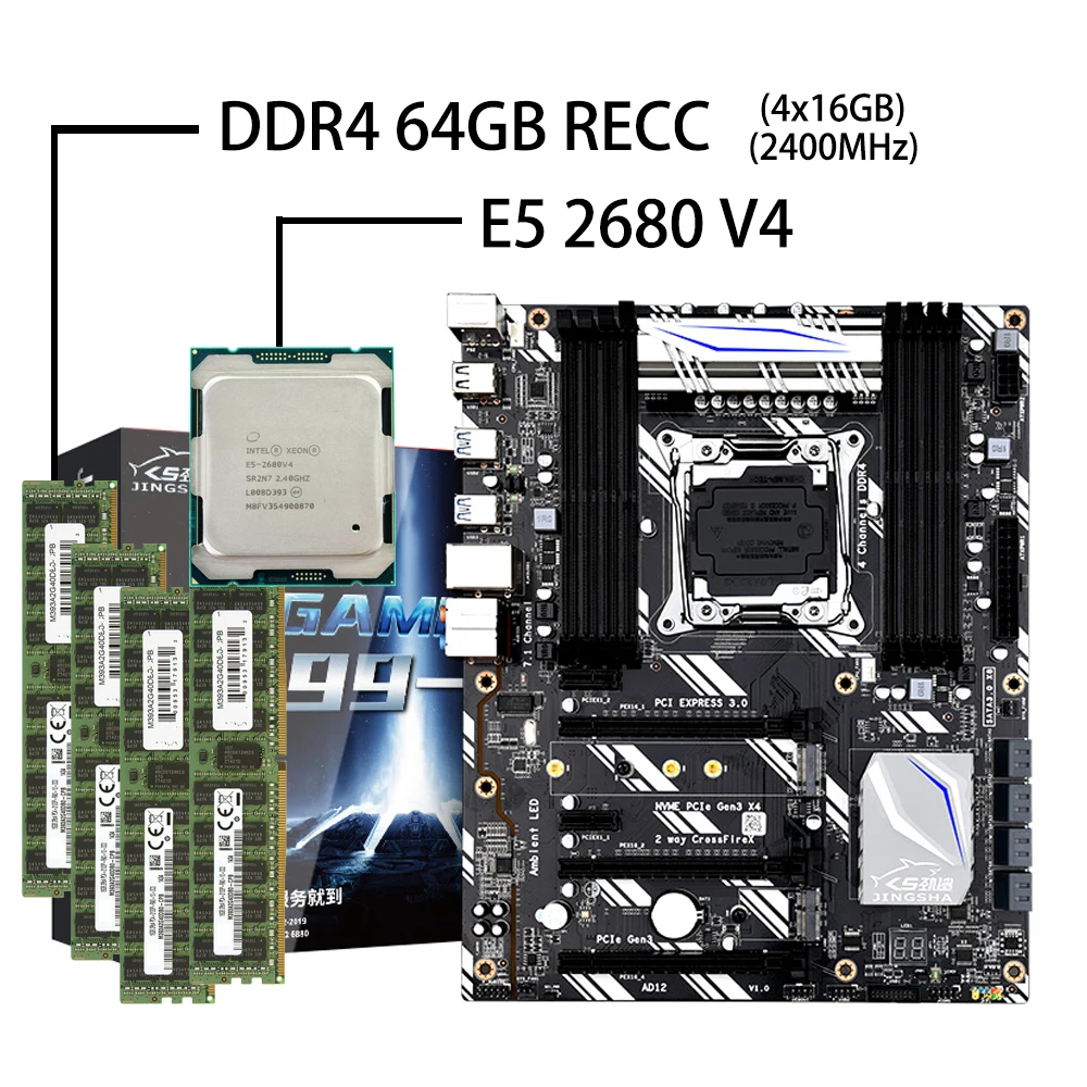 Scheda Madre X99 D8 Lga 2011-3 Con E5 2680 V4 4 * Ddr4 16Gb Ecc Reg Ram Supporto Crossfire Turbo Boost Game Multi-Apertura