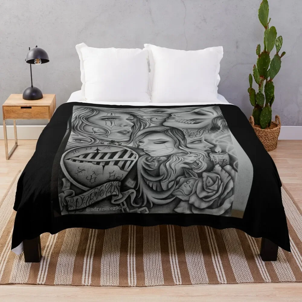 Sad Eyes Chola Clown , Chicano Art , Black And Grey Art Throw Coperta Coperte Larghe Divani Di Coperte Decorative