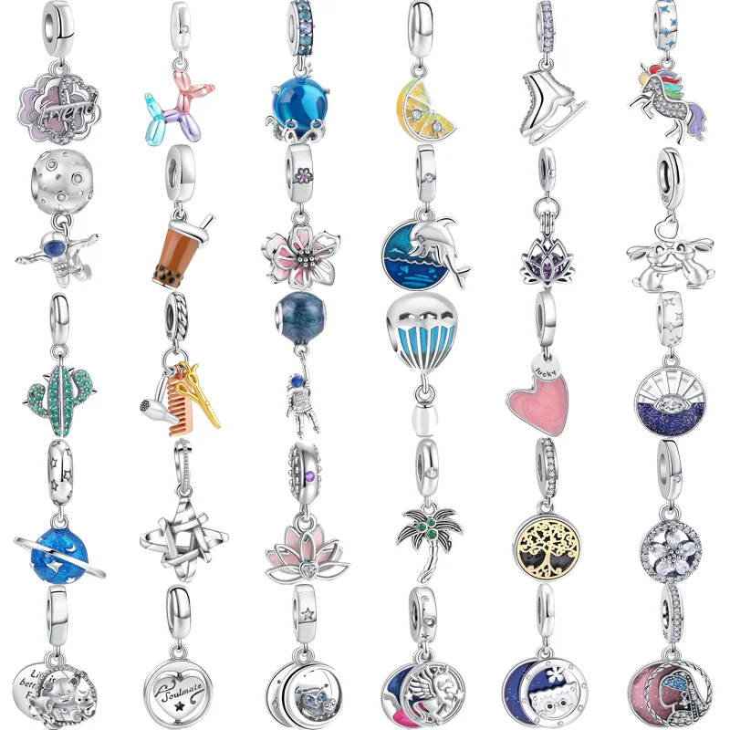 925 Sterling Silver Charm Fit Originale Pandora Bracciale Gioielli Fai Da Te Gufo Unicorno Coniglio Cane Fiore Cactus Limone Astronauta Ciondolo