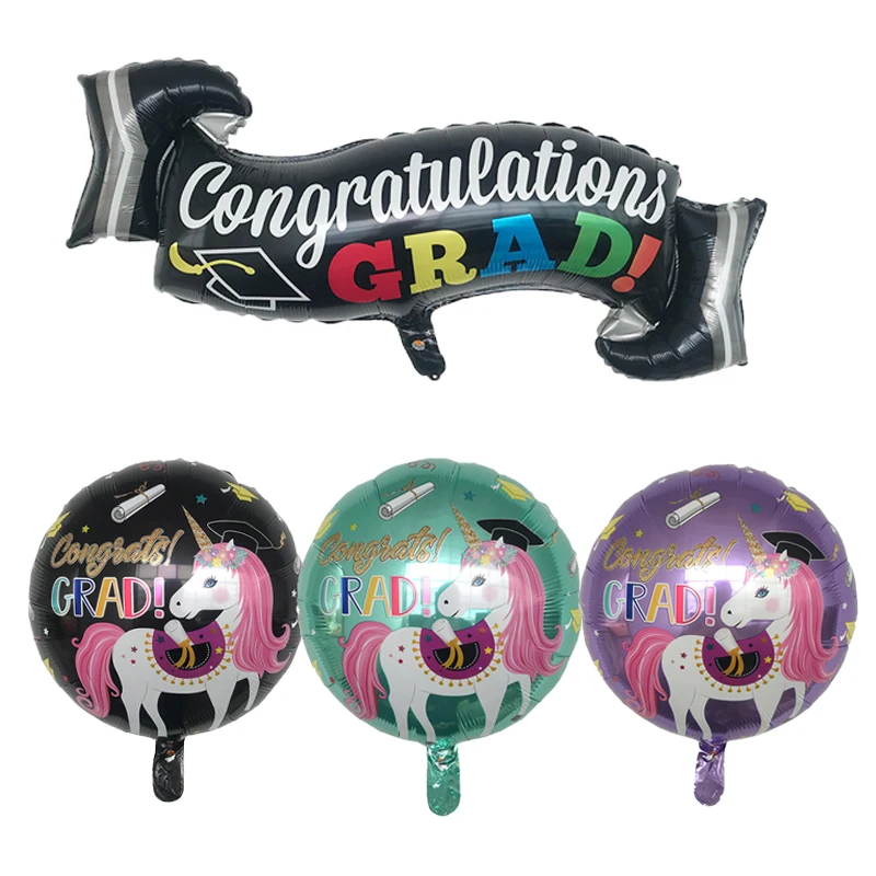 Nuovo 1Pc Festa Di Laurea Celebrazione Banner 18 Pollici Unicorno Palloncini Festa Palloncino Stagnola Decorazione Festa Di Laurea Felice Globos