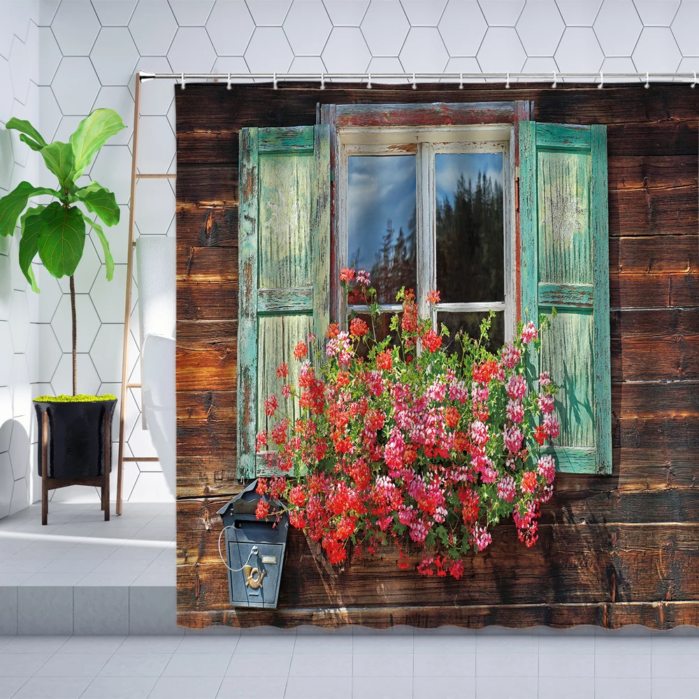 Retro Vecchia Porta In Legno Tenda Da Doccia Vintage Fiore Finestra Fattoria Fienile Persiane Decorazione Della Parete Bagno Tende Appese Set Gancio