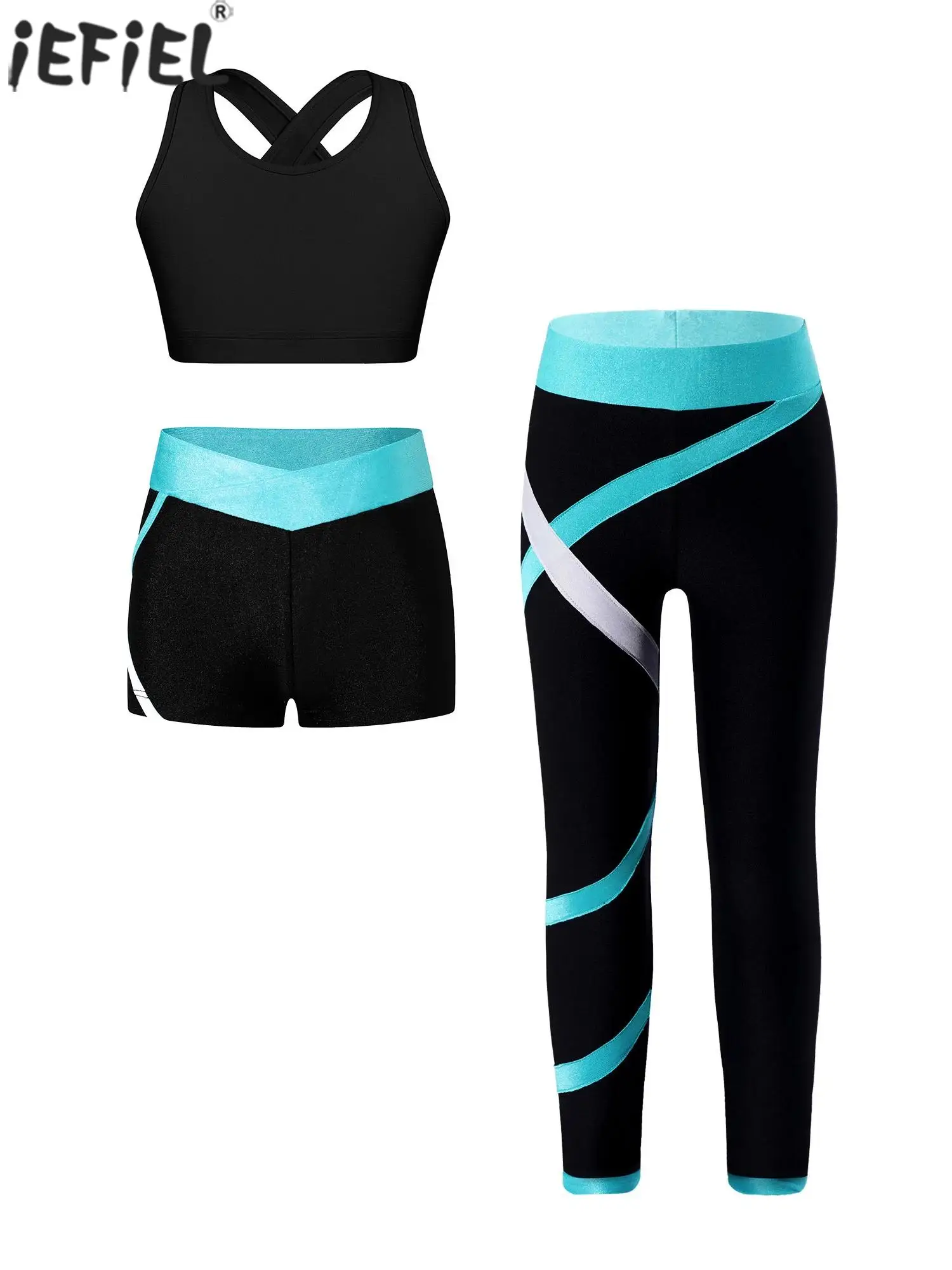 Kids Girls Sports Gymnastic Set Cross Back Crop Vest Con Pantaloni A Contrasto Di Colore Pantaloncini Running Workout Yoga Activewear Sportswear