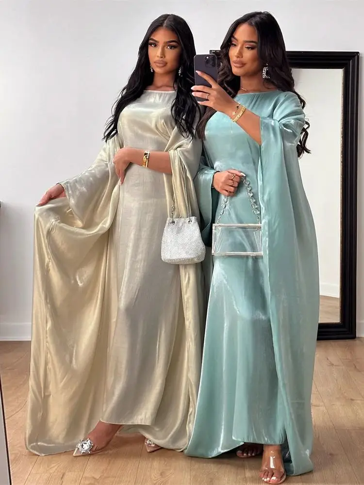 Ramadan Summer Batwing Sleeve Satin Butterfly Abaya Islam Musulmano Maxi Dress Kebaya Women Caftano Robe Musulmane Femme Vestidos