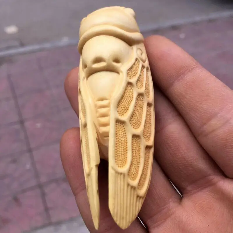 Sh011 - 8*3 Cm Intagliato Lungo Bosso Intaglio Figurina Netsuke Intaglio-Bella Cicala