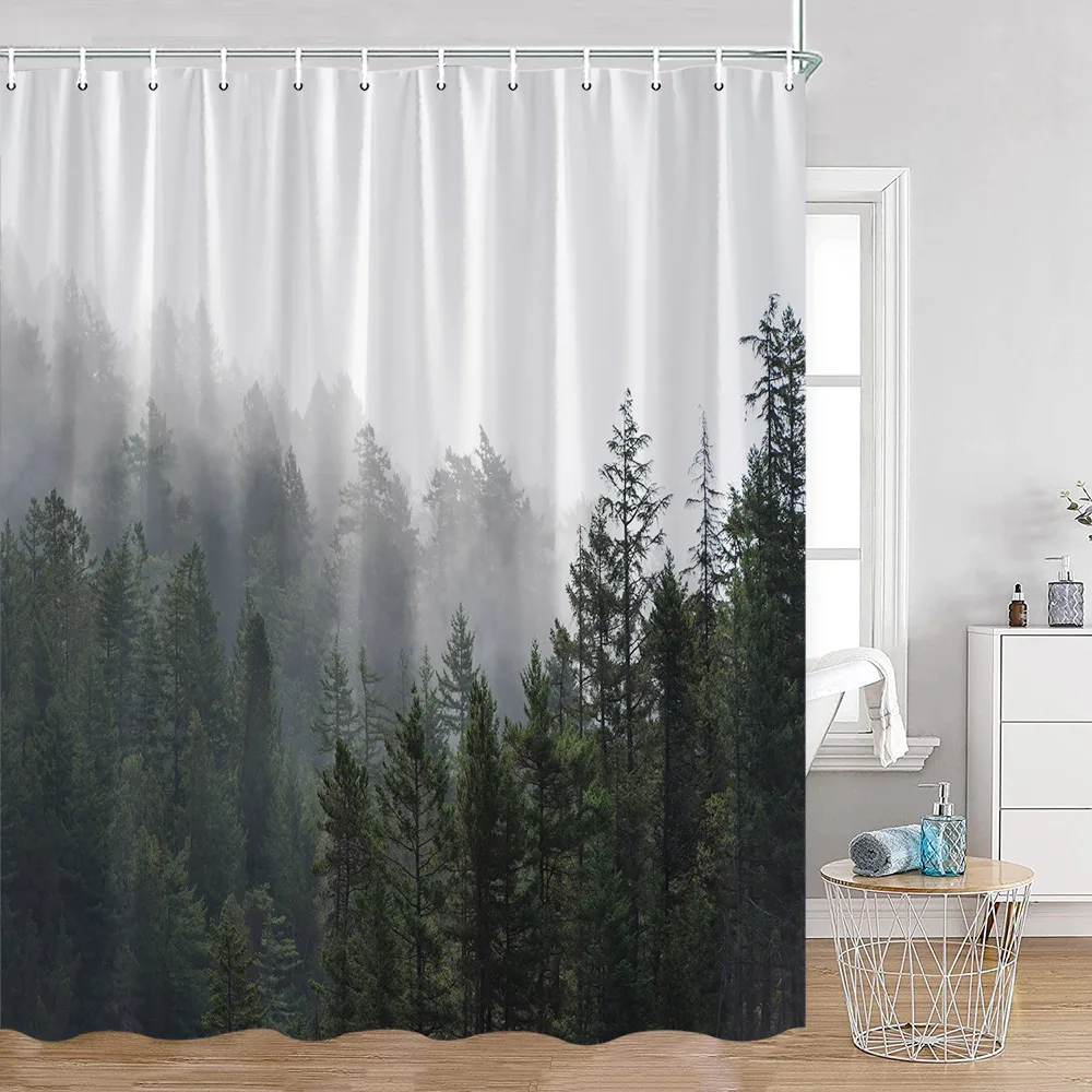 Misty Pine Forest Tende Da Doccia Rustic Nature Forest Green Pine Trees Fantasy Woodland Tenda Da Bagno Modern Home Decor Per Il Bagno