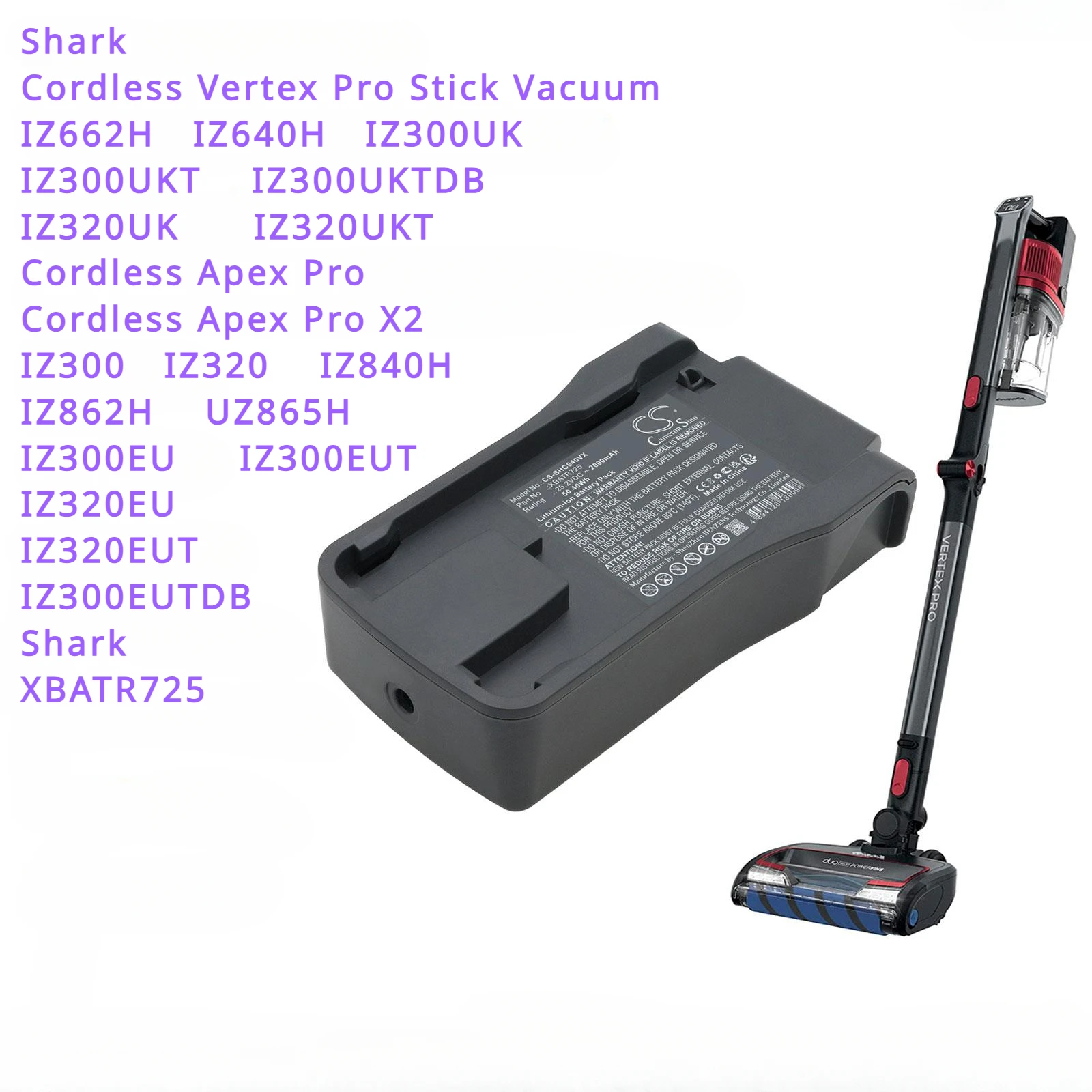 Batteria Per Aspirapolvere Da 2000Mah Xbatr725 Per Shark Iz662H,Iz640H,Iz300Uk,Iz300Ukt,Iz300Uktdb,Iz320Uk,Iz320Ukt