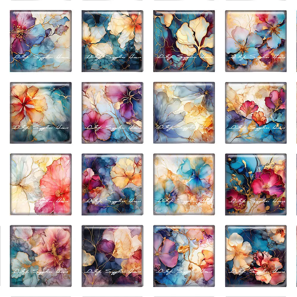 10 Pz/Lotto Square Photo Glass Cabochon Charms Ink Flower Demo Cameo Posteriore Piatto Per Accessori Per La Creazione Di Gioielli Fai Da Te