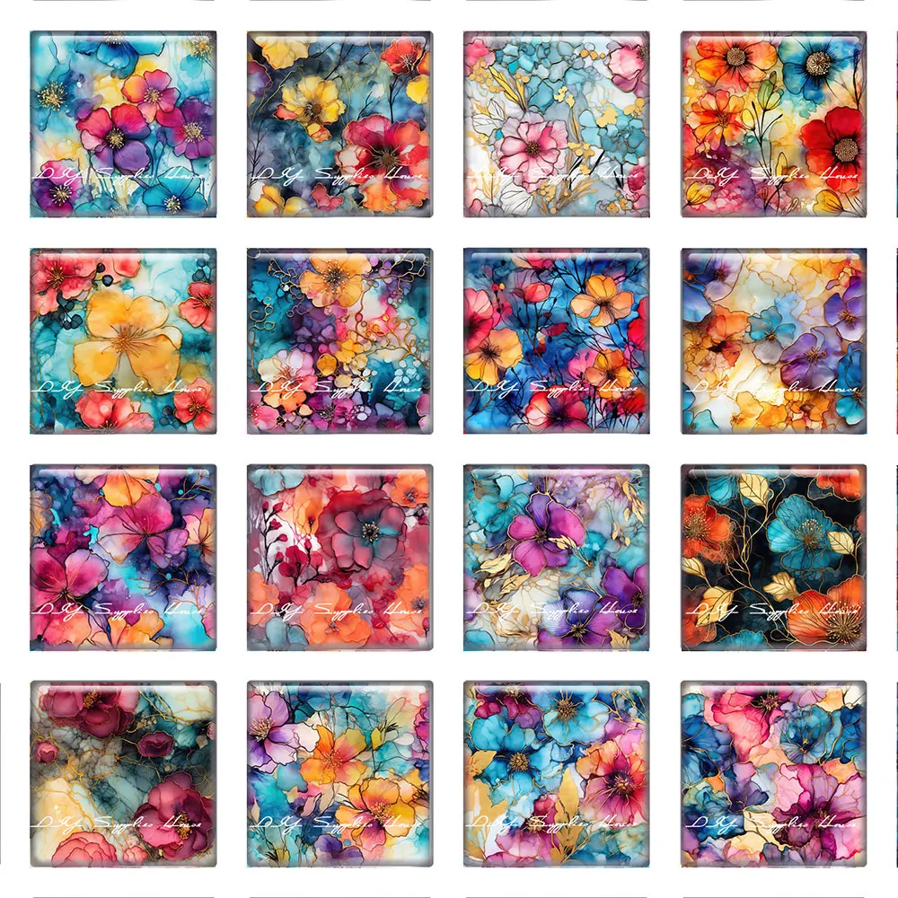 10 Pz/Lotto Square Photo Glass Cabochon Charms Acquerello Ink Flower Demo Cameo Posteriore Piatto Per Accessori Per La Creazione Di Gioielli Fai Da Te