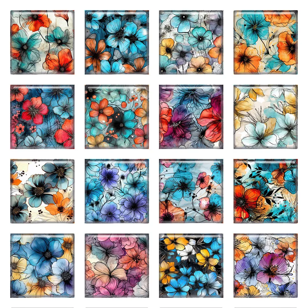 10 Pz/Lotto Square Photo Glass Cabochon Charms Ink Flower Acquerello Demo Cameo Posteriore Piatto Per Accessori Per La Creazione Di Gioielli Fai Da Te