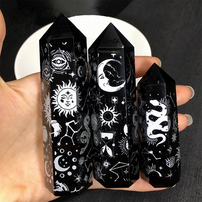 Decor Crystal Stone Natural Obsidian Moon Star Intagliato Wand Point Stregoneria Quarzo Rune Natural Polished Healing Gemstones Reiki
