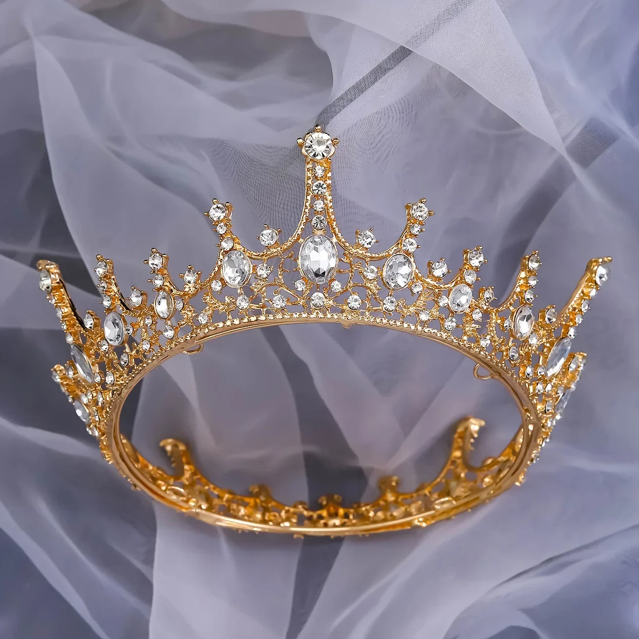 Retro Full Round Tiara Green Strass Stone Headpieces Royal Queen Princess Bride Party Pageant Golden Crown