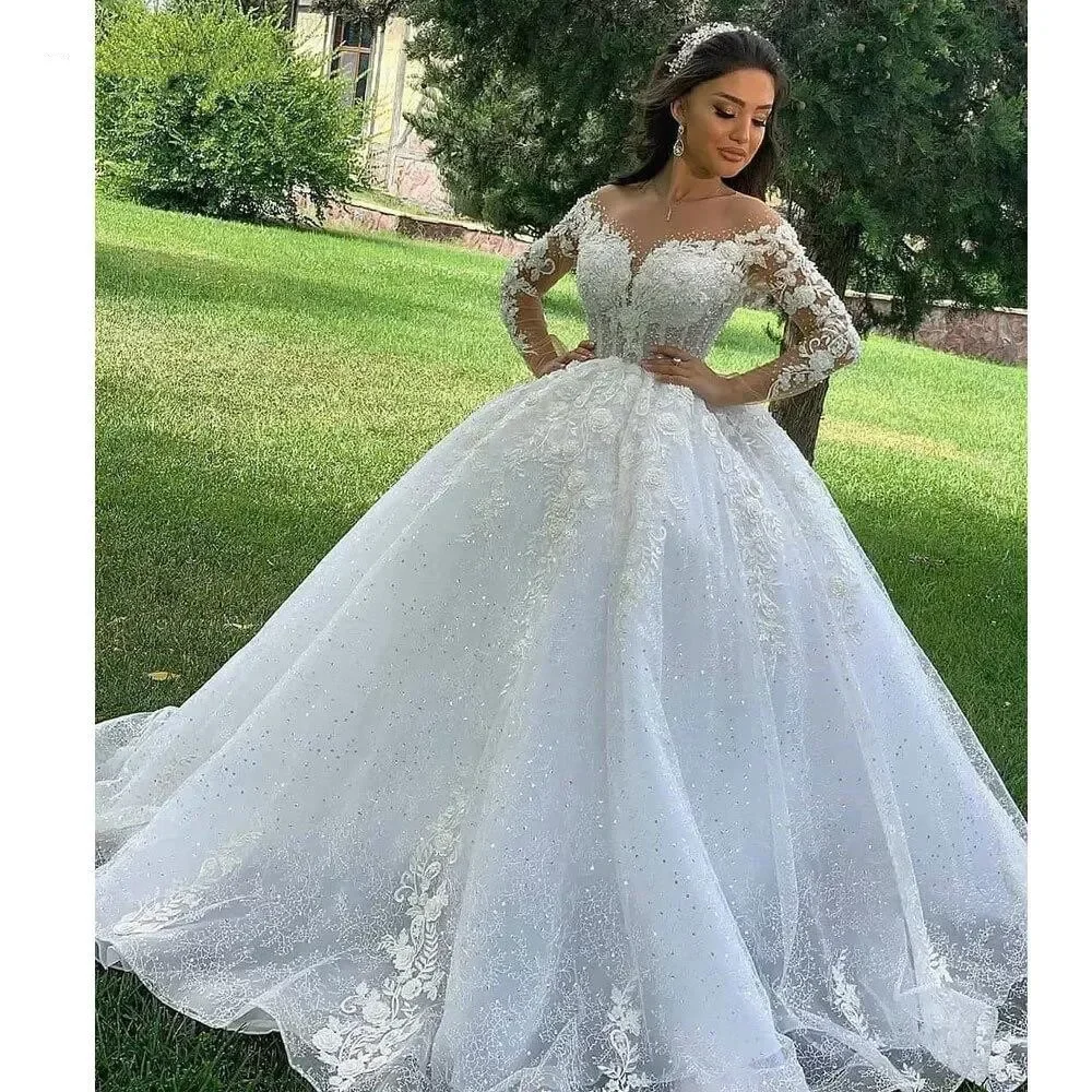 Flavinke Sparkle Tulle Principessa Abiti Da Sposa Manica Lunga Sposa Robe De Mariée Ball Gown Applique In Rilievo Vestido De Noiva