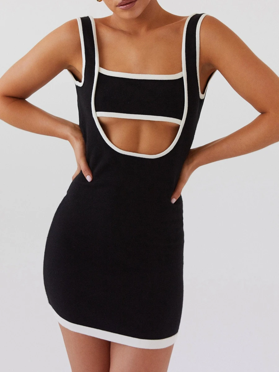 New Fashion Women Knit Dress Patchwork Hollow-Out Abito Senza Maniche Mini Vestito Aderente Summer Party Dress Vendita Calda S M L