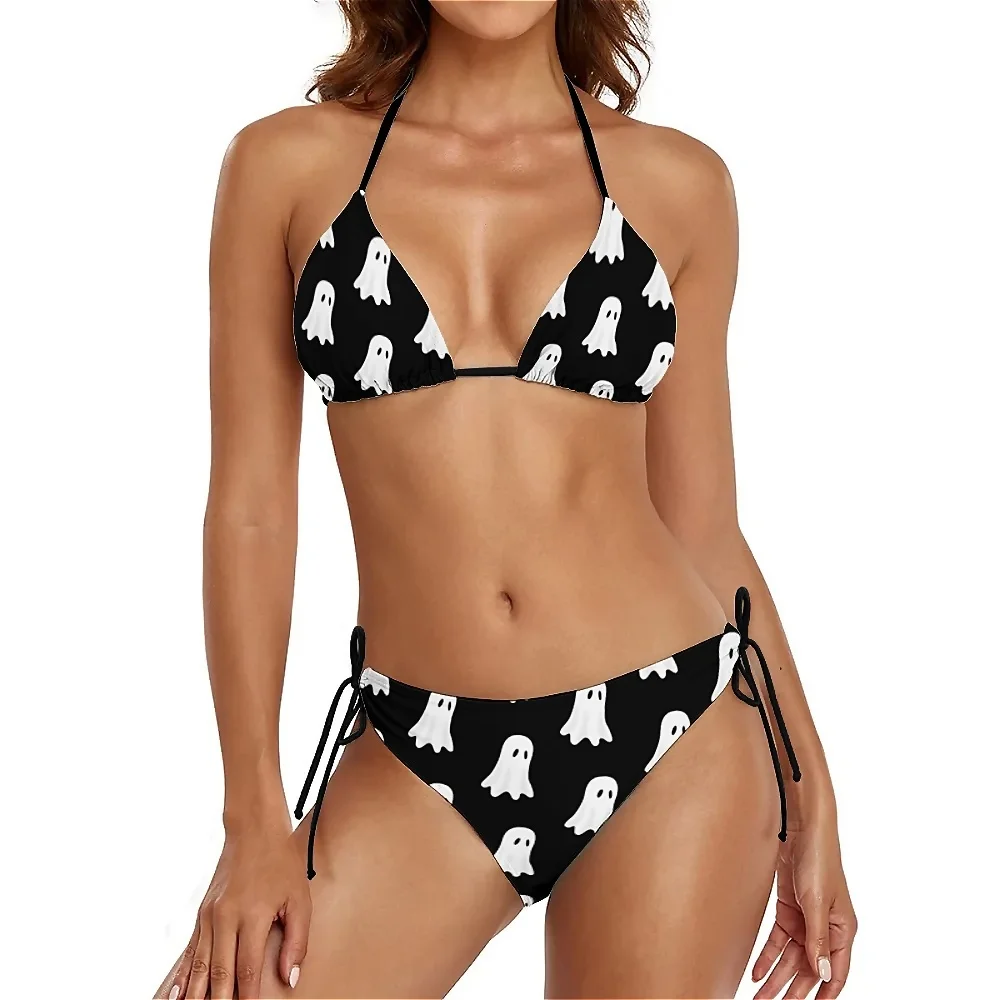 Sexy Black Ghost Print Bikini Set Halloween Modern Art Bikini Costume Da Bagno Push Up String Swim Bath Swimwear Donna 2 Pezzi Costumi Da Bagno