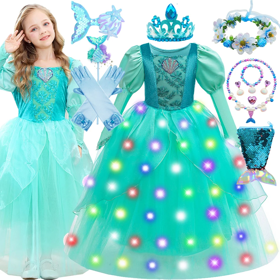 Disney Little Mermaid Costume Girls Princess Ariel Ball Gowns Kids Christmas Led Light Halloween Party Frocks Ricamo Velluto