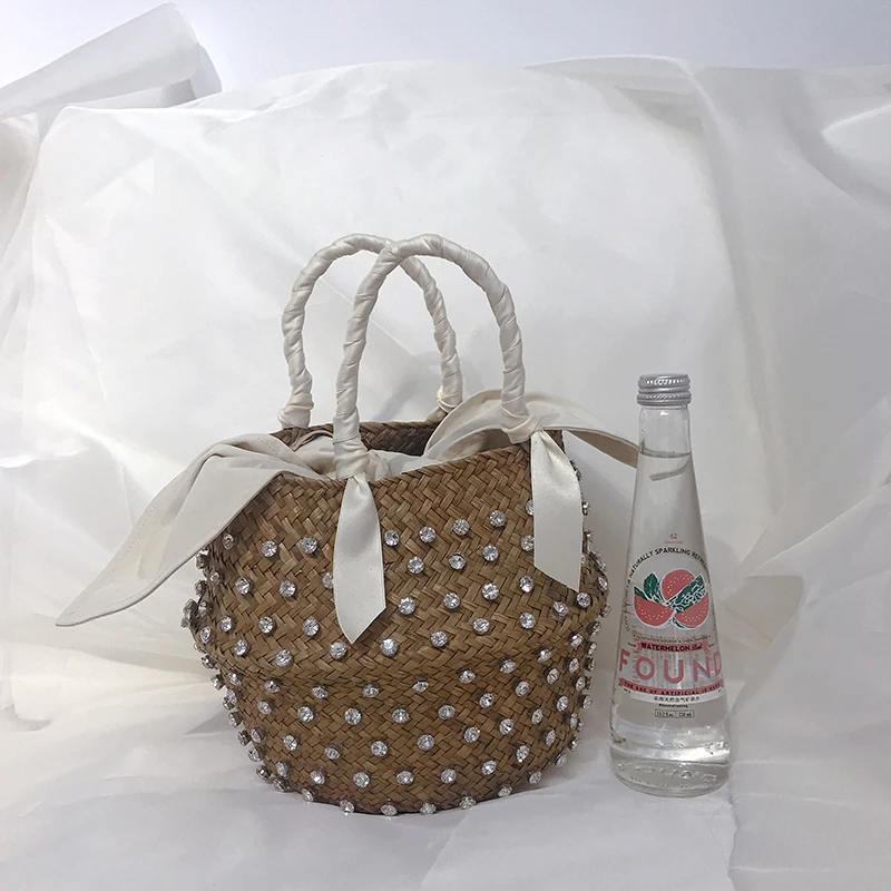 Cucito A Mano Holiday Fashion Crystal Woven Basket Diamond Tote Luxury Beach Resort Retro Handbag Bag Women Design Straw 2023