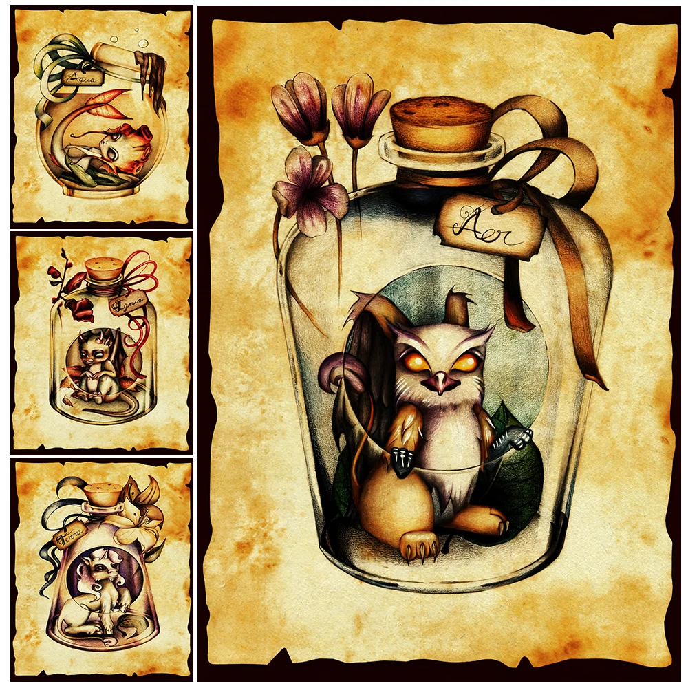 The Magic Creature Baby In The Bottle,Vintage Wall Art Canvas Painting,Griffins, Sirene, Draghi, Unicorno, Art Poster Print Decor