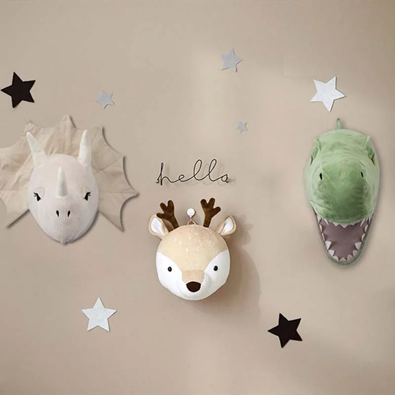 Ins Nordic Animal Head Dinosaur Wall Decor Elephant Deer Hanging Mount Peluche Peluche Princess Doll Nursery Room