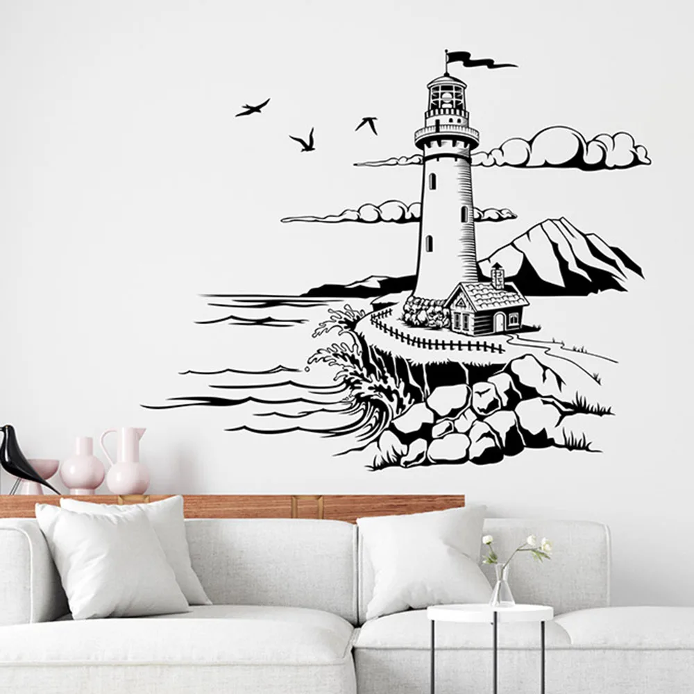 Cartoon Lighthouse By The Sea Bird Travel Wall Sticker Bagno Camera Da Letto Adventure Explore Wall Decal Living Room Decor