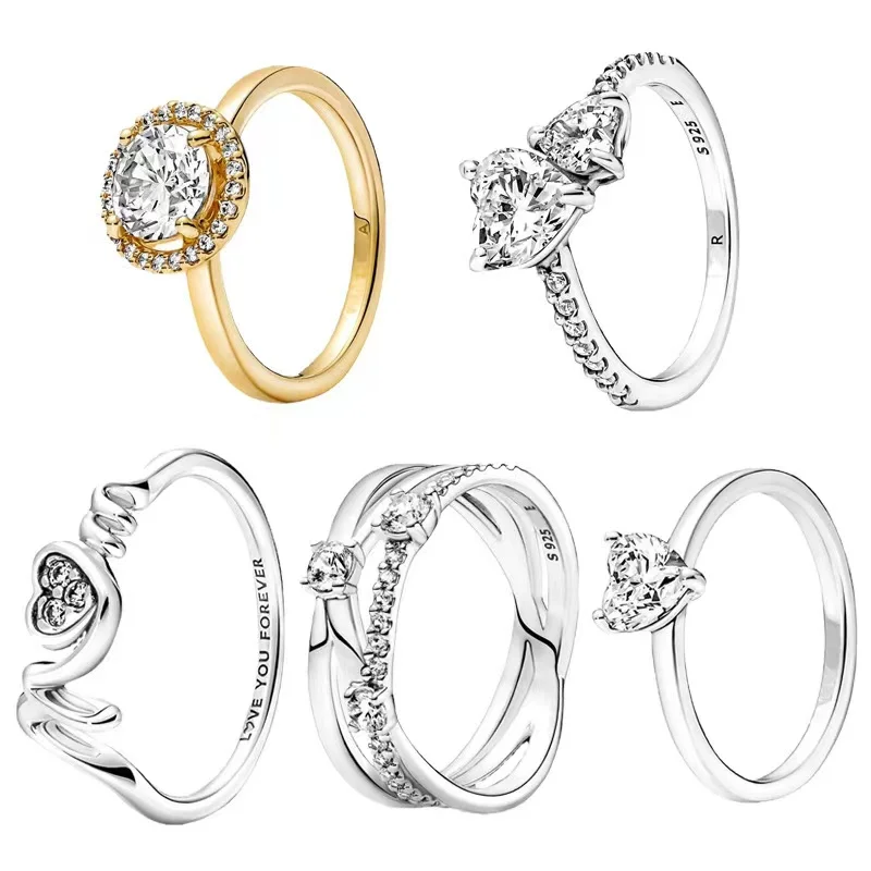 Pan S925 Sterling Silver Shining New New Double Heart Three Ring Single Stone Anello Rotondo Intagliato A Forma Di Cuore Halo