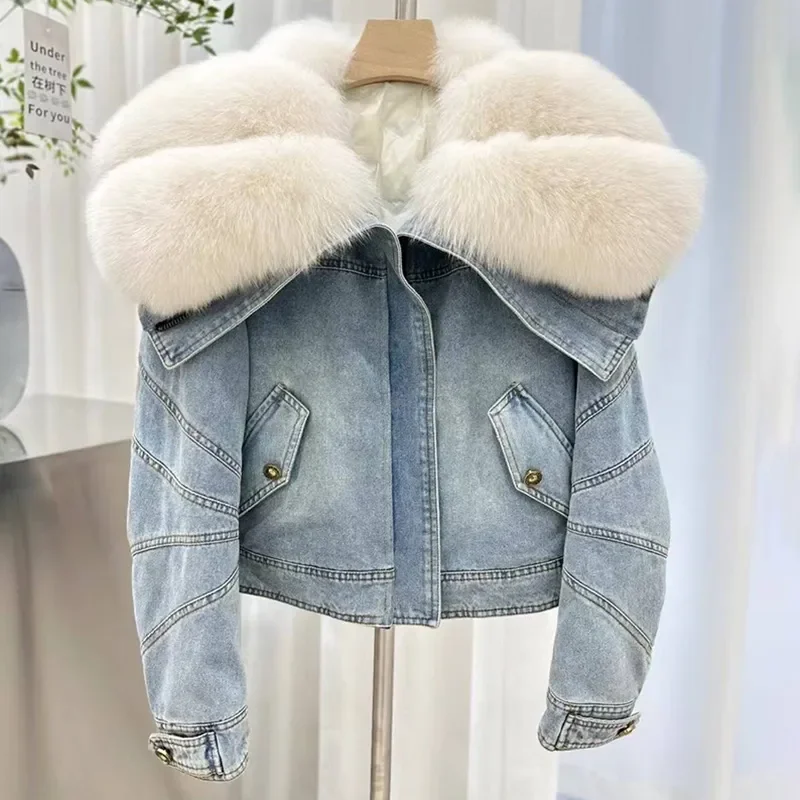2023 Lady Winter Goose Down Fur Jacket Cappotto Di Jeans Big Real Fox Fur Collar Donna Capispalla Cappotti Spessi E Caldi Con Imbottitura Fl5906