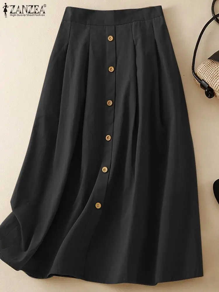 Holiday Plissetting A-Line Jupes Zanzea Donna Solid Maxi Gonna Moda Alta Elastico In Vita Tasca Faldas Casual Bottoni Larghi Gonne