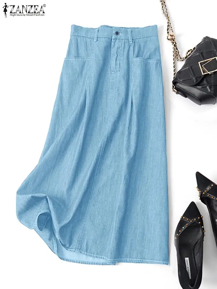 Zanzea Casual Allentato Cerniera Anteriore Posteriore Elastico Faldas Street Fashion Demin Gonna Lunga Donna Vita Alta Midi Jupes Tasche Gonne
