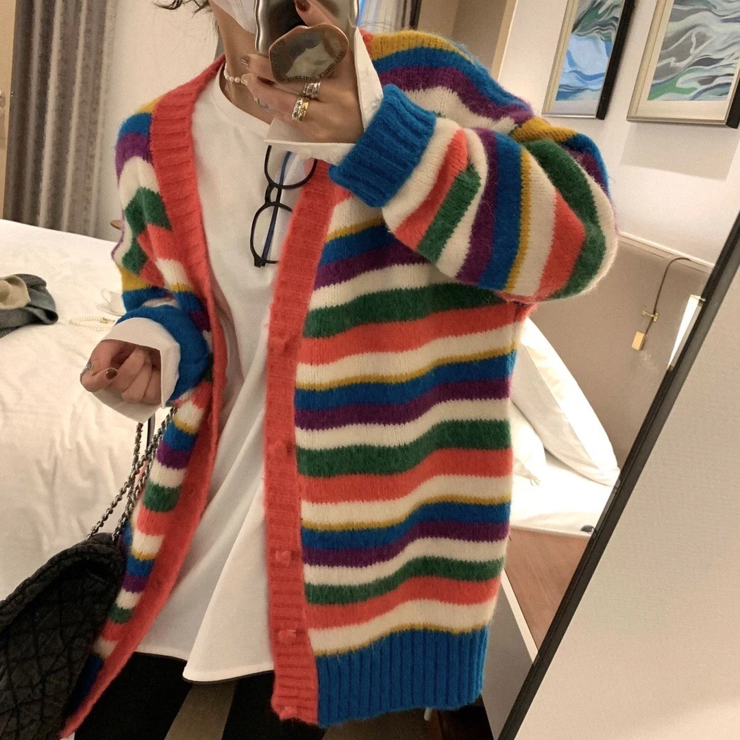 Nuovo 2023 Autunno E Inverno Arcobaleno A Contrasto A Righe Sciolto Cappotto Cardigan Mohair Di Media Lunghezza 0929