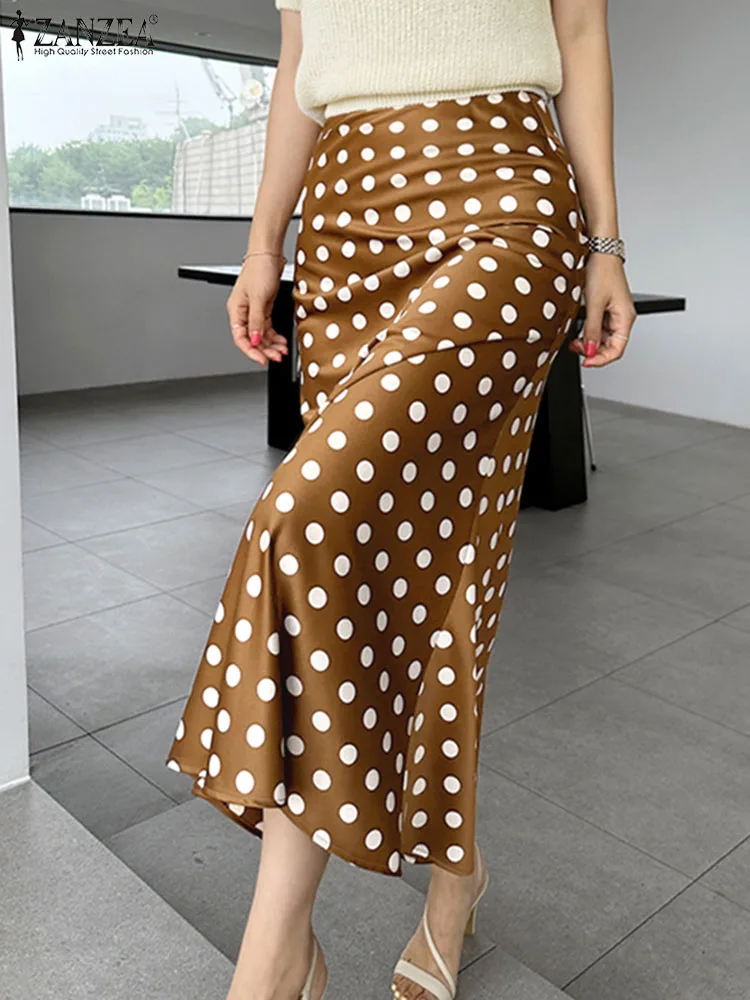 Zanzea 2023 Autunno Femminile Partito Sera Gonne A Vita Alta Donne Gonne A Pois Elegante Coda Di Pesce Midi Jupes Ufficio Gonne Lunghe