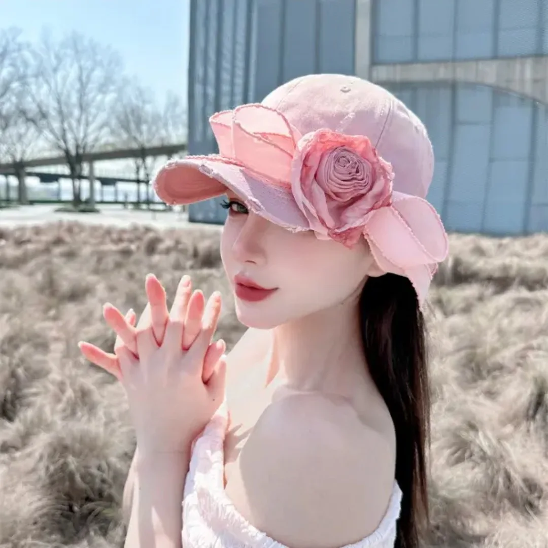 Design Originale Sakura Pink Denim Cotton Women Chapeu 3D Rose Flower Parasole Cap Fashion Street Primavera Estate Casquette Cap