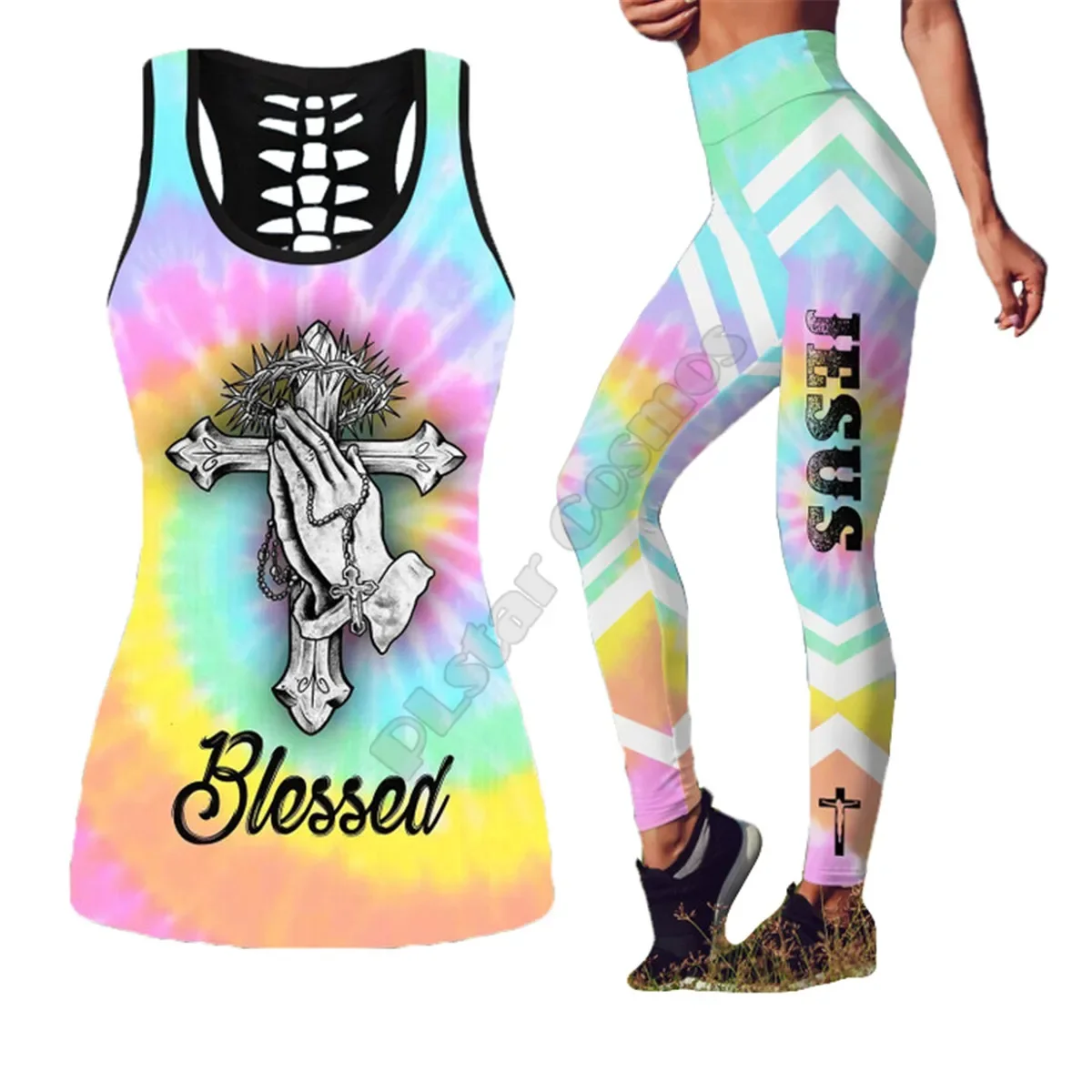 Canotta Stampata 3D Cross Jesus + Legging Combo Outfit Yoga Fitness Soft Legging Summer Women For Girl
