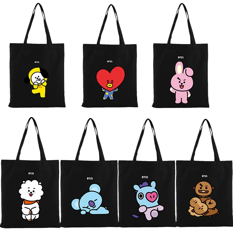 Kawaii Bt21 Anime Tata Rj Cooky Chimmy Canvas Bag Cute White Shopping Borse A Tracolla Ombrello Water Cup Bag Girl Gift
