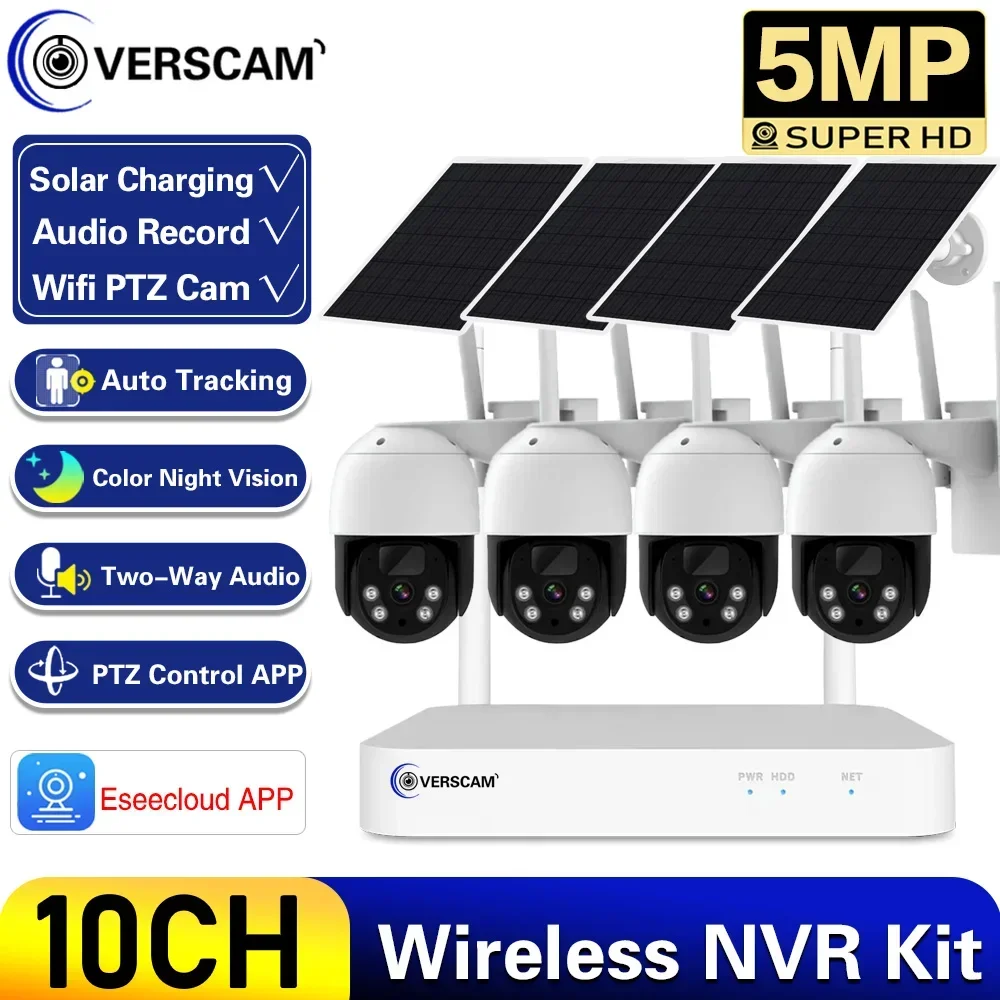 Sistema Di Telecamere Di Videosorveglianza Wifi A Bassa Potenza Da 5Mp 10Ch P2P Wifi Nvr Set 2 Kit Di Sicurezza Per Telecamere Solari Cctv Con Rilevam