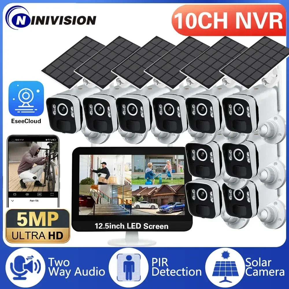 Sistema Di Telecamere Ip Solari Wifi Telecamere Di Sorveglianza Eaeecloud Da 5Mp Con Schermo Wifi 10Ch Da 12.5 Pollici Nvr Home Security Audio Bidirez