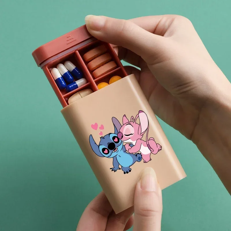 Stitch Kawaii Pill Box Mini Pill Organizer Travel Portable Pocket Essentials 6 Grid Pill Box Medicine Cartoon Storage Box