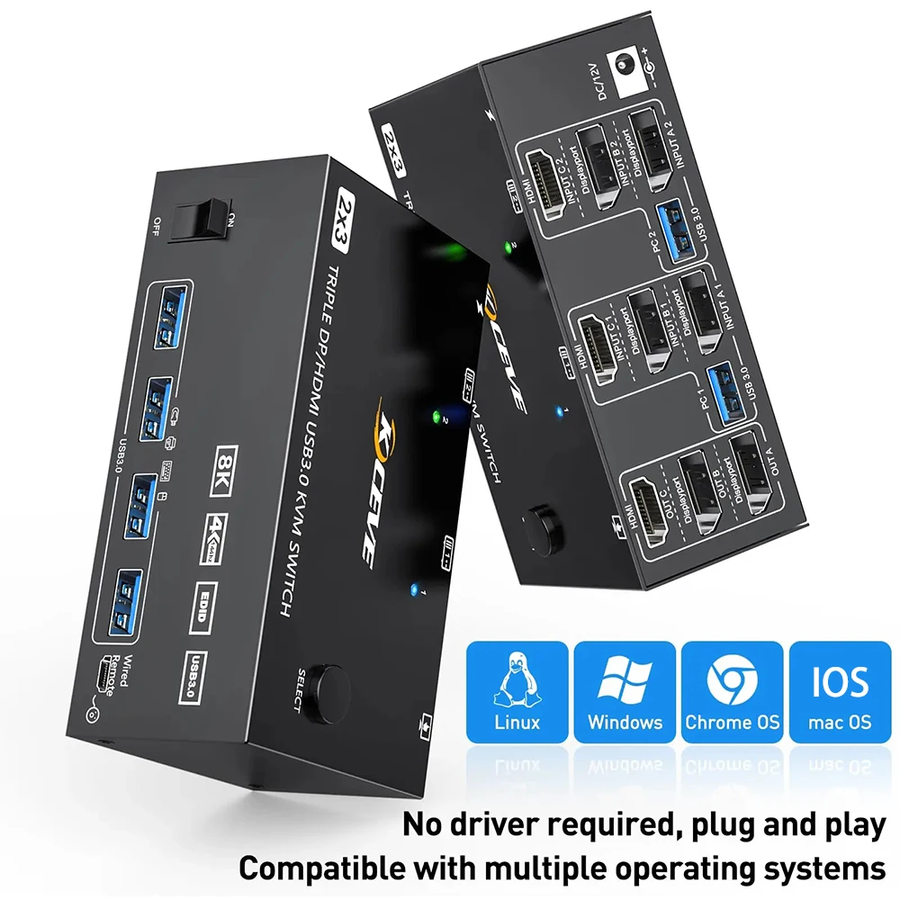Triplo Monitor Switch Kvm, 2 Displayport + Hdmi Usb Kvm Switch 8K @ 60Hz,4K @ 144Hz 3 Monitor 2 Computer Kvm Con 4 Porte Usb 3.0