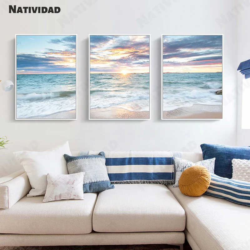 Nordic Sunrise Coastal Pittura Decorativa Blue Sea Landscape Picture Wave Painting Print Beach Wall Art Picture Home Decorativo
