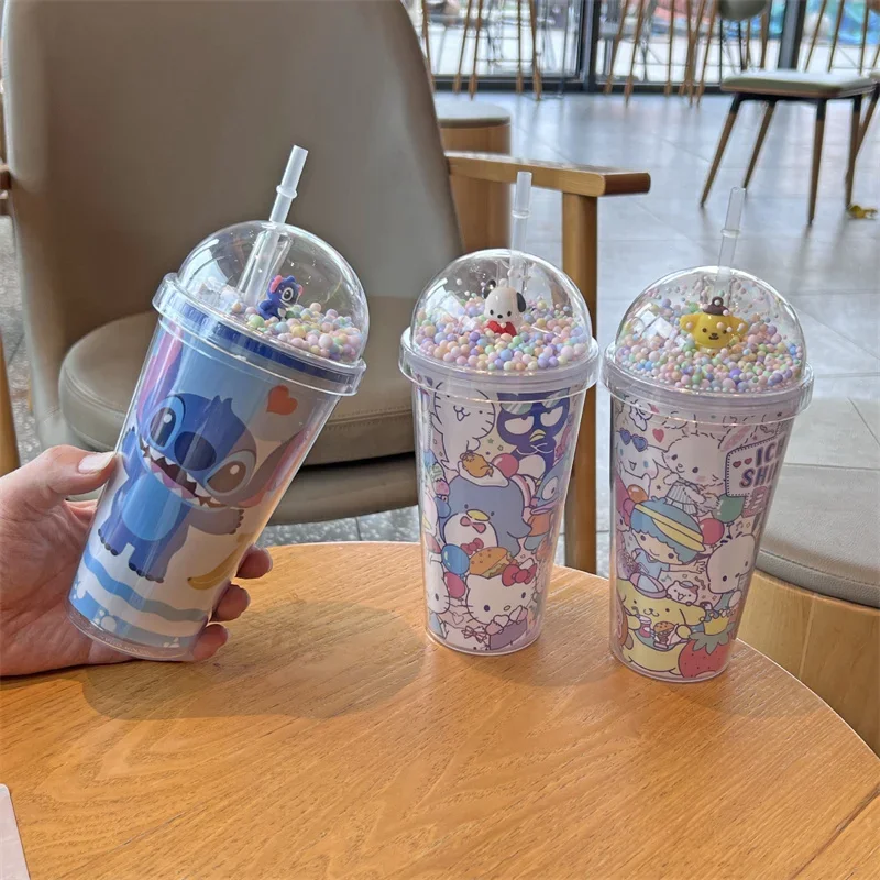 450Ml Kuromi Stitch Cartoon Straw Cup Anime Lilo And Stitch Tazza D'Acqua In Plastica A Doppio Strato Per Bambini Bottiglia Sportiva Portatile