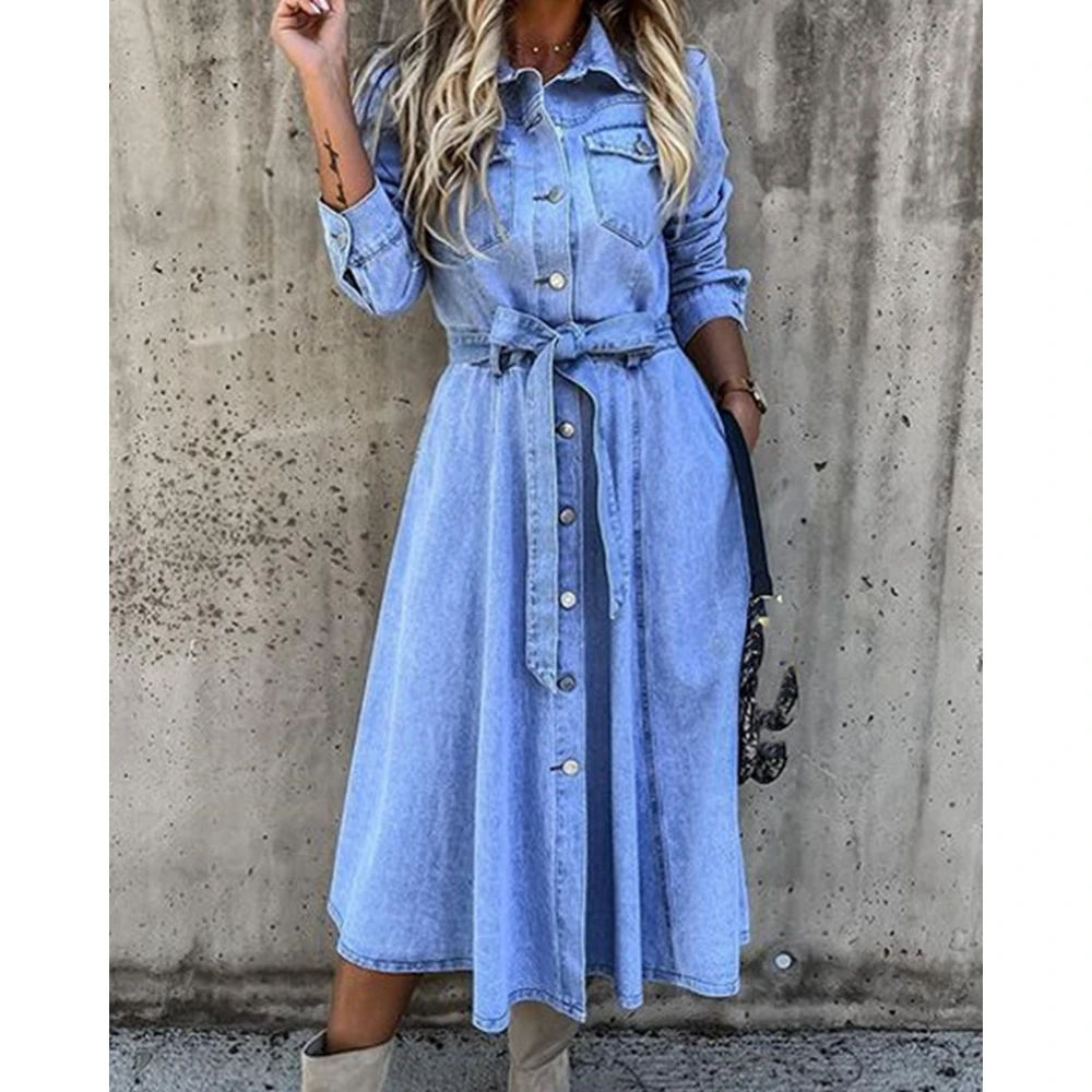 Moda Donna Pocket Decor Manica Lunga Levis Shirt Dress Robe Longue Femme Belted Denim Abiti Eleganti Per Le Donne Vestidos Y2K